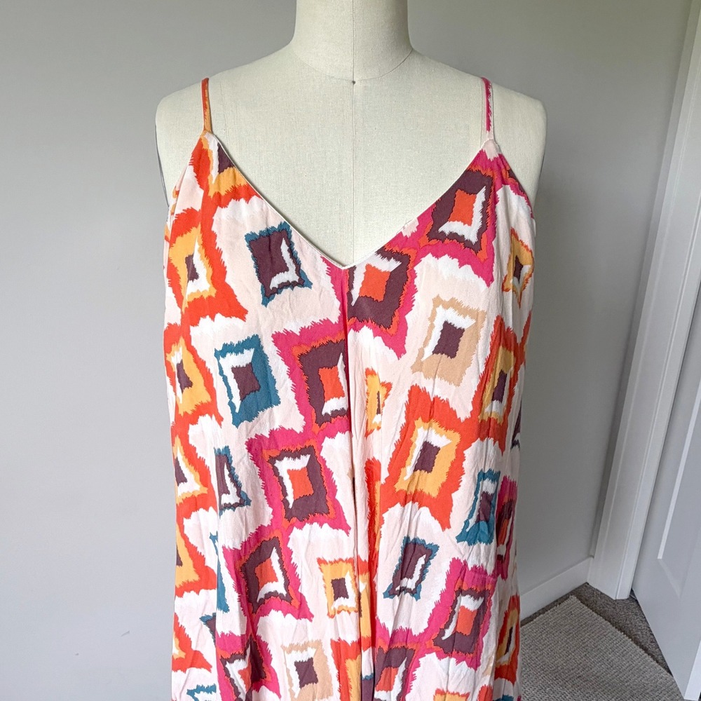 Savanna‎ Jane Geometric Ikat Handkerchief Hem V-Neck Midi Dress Orange Pink 1X